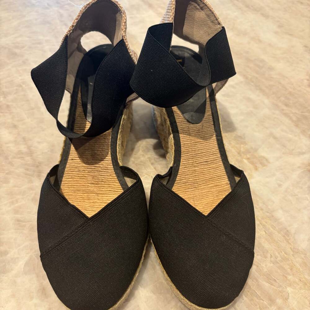 Ralph Lauren Black Espadrille Wedge Sandals Women’s Est Size 9 Ankle Wrap